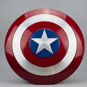 May include: A circular shield in red, white, and blue. The design includes a central blue circle with a white star, encircled by silver and red bands, and a glossy red outer rim. This is a prop shield.