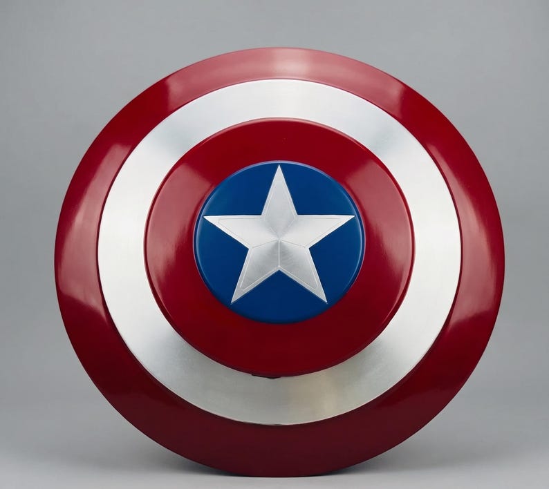May include: A circular shield in red, white, and blue. The design includes a central blue circle with a white star, encircled by silver and red bands, and a glossy red outer rim. This is a prop shield.