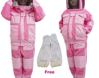 Tuta da apicoltore rosa a 3 strati ventilata con doppio velo, guanti e protezione per la caviglia.