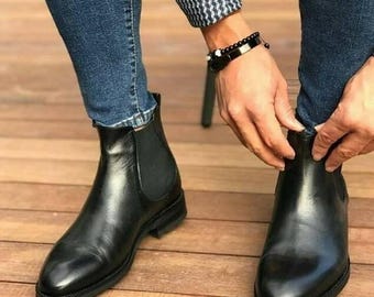 Handmade Black Leather Chelsea Boots for Men, Luxury Ankle Boots, Formal Dress Boots, Chelsea Slip On Business Boots