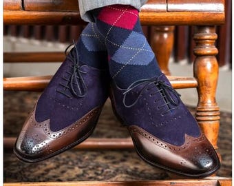 Zapatos de vestir tipo brogue con puntera de ala para hombre, color azul marino, morado y marrón, con cierre de cordones.