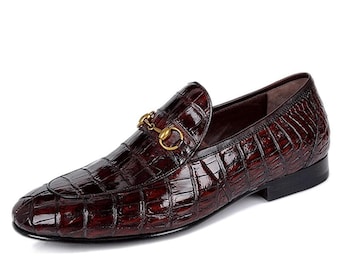 Handmade Brown Croc Embossed Leather Loafers Men, Dress Shoes, Slip On Formal Wedding