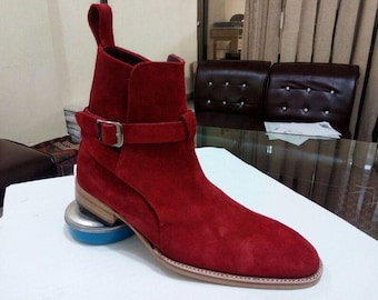 Men's Burgundy Suede Ankle Boots with Buckle Strap, Pointed Toe Dress Boots