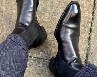 Handmade Black Leather Chelsea Boots, Men's Dress Ankle Footwear, Formal Slip-On Wedding Shoes