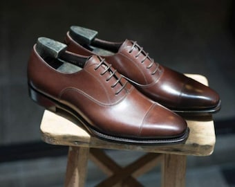 Men's Brown Cap Toe Oxford Shoes, Classic Leather Dress Shoes, Elegant Formal Business Footwear, Timeless Wedding Shoes for Men