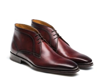 Men's Dark Burgundy Leather Chukka Boots, Minimalist Lace-Up Ankle Dress Boots