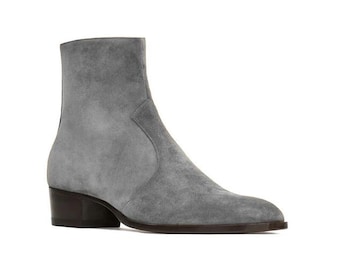 Handmade Men's Gray Suede Chelsea Boots, Minimalist Dress Footwear, Low Block Heel