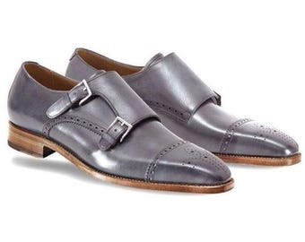 Handmade Gray Leather Double Monk Strap Shoes, Brogue Formal Dress Footwear