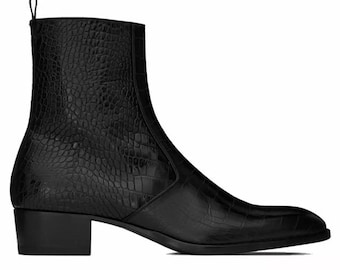 Handmade Black Crocodile Embossed Leather Ankle Boots for Men, Luxury Chelsea Style Dress Boots, Elegant Formal Footwear