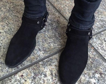 Men's Black Suede Ankle Boots, Buckle Strap Dress Boots, Pointed Toe Casual Boots, Vintage Inspired Men's Footwear, Black Fashion Boots