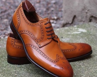 Handgemaakte bruine leren wingtip Oxford schoenen voor heren, brogue geklede schoenen, luxe formele trouwschoenen, klassieke zakelijke Oxfords