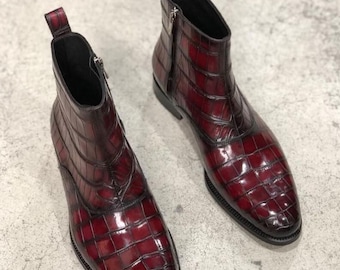 Handmade Burgundy Croc Embossed Leather Ankle Boots, Men's Side Zip Dress Formal Shoes