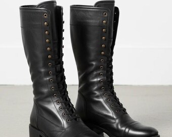 Handmade Black Leather Tall Lace-Up Boots, Military Riding Style
