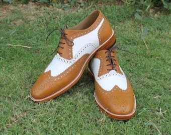 Men's Tan and White Wingtip Brogue Oxford Shoes, Two-Tone Dress Shoes