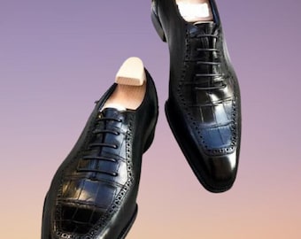 Men's Black Oxford Dress Shoes with Crocodile-Textured Cap Toe
