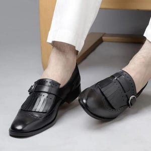 Handmade Black Leather Kiltie Monk Strap Loafers for Men, Luxury Slip On Dress  loafers, Formal Wedding Office Footwear