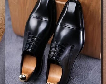 Men’s Black Cap-Toe Oxford Dress Shoes, Polished Lace-Up Formal Footwear