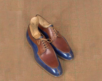Handmade Blue and Brown Leather Shoes for Men, Two Tone Mock Toe Oxford Dress Shoes, Elegant Lace Up Formal Footwear