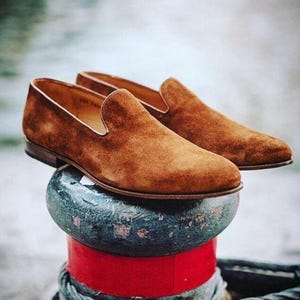 Handmade Tan Suede Belgian Loafers Men, Luxury Slip On Dress Shoes