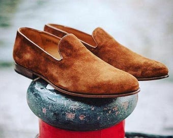 Mocassins belges faits main en daim marron clair pour homme, chaussures habillées de luxe à enfiler