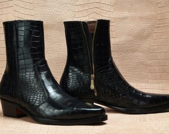 Handmade Men's Black Croc Embossed Leather Ankle Boots, Square Toe Cuban Heel Side Zip