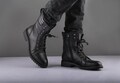 Handmade Black Leather Combat Boots, Lace Up Side Zip Motorcycle Work Boots