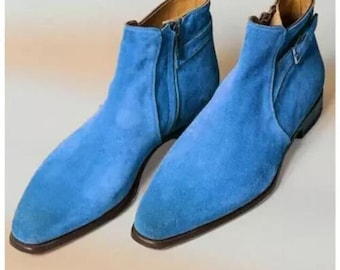 Handmade Blue Suede Chelsea Boots, Men's Ankle Dress Side Zip Leather Footwear
