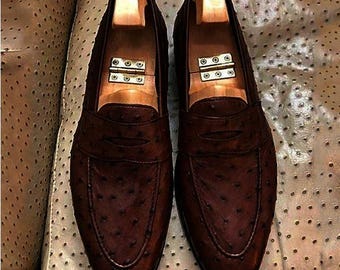Handmade Brown Ostrich Leather Penny Loafers Men, Luxury Slip On Dress Shoes, Formal Wedding Loafers, Business Footwear