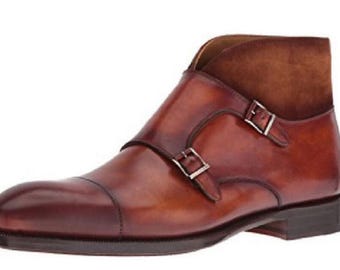 Handmade Men's Brown Leather Double Monk Strap Boots, Cap Toe Dress Shoes