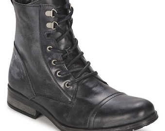 Handmade Black Leather Combat Boots for Men, Lace Up Ankle Boots, Cap Toe Casual Military Style Footwear