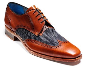 Men's Cognac Brown Wingtip Brogue Shoes, Gray Woven Derby Dress Shoes, Classic Formal Business Footwear