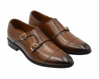 Men's Brown Double Monk Strap Leather Dress Shoes Cap Toe Formal Business