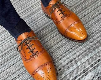Men's Cognac Brown Cap Toe Oxford Shoes, Perforated Brogue Dress Shoes