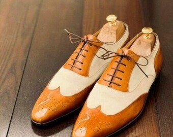 Men's Two Tone Oxford Dress Shoes, Tan and Ivory Spectator Brogues, Wingtip Leather Formal Shoes, Classic Vintage Wedding Footwear