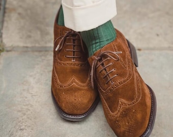 Men's Brown Suede Wingtip Brogue Oxford Shoes, Classic Lace-Up Dress Shoes