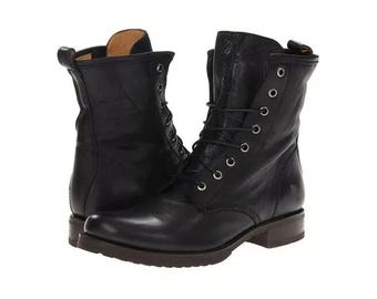 Handmade Men's Black Leather Lace-Up Combat Boots, Ankle Military Motorcycle