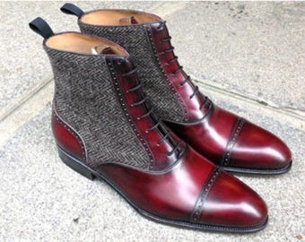 Men's Burgundy Leather Ankle Boots with Charcoal Herringbone Panels