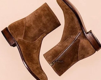 Handmade Brown Suede Ankle Boots, Men's Side Zip Dress Boots