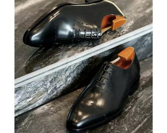 Chaussures richelieu en cuir noir faites main, robe à bout rond, chaussures de mariage formelles