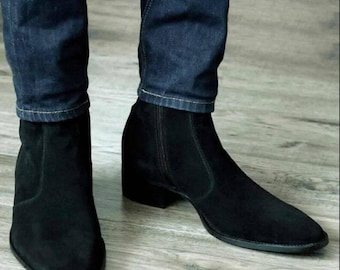 Men's Black Suede Chelsea Boots, Classic Ankle Dress Boots, Minimalist Slip On Footwear, Pointed Toe Black Boots, Smart Casual  boots