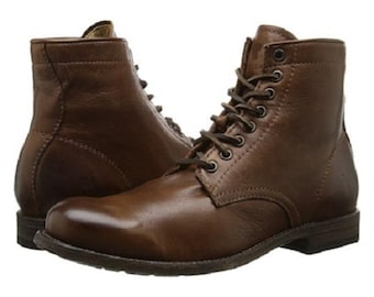 Handmade Men's Brown Leather Brogue Ankle Boots, Cap Toe, Lace-Up Dress Boots