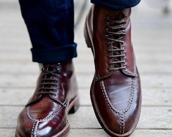 Handmade Brown Leather Lace Up Boots for Men, Mock Toe Ankle Boots, Luxury Heritage Dress Boots, Wedding Business Footwear