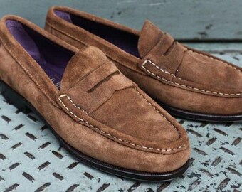 Handmade Men's Taupe Suede Penny Loafers, Classic Slip-On Dress Shoes