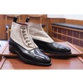 Handmade Men's Spectator Boots, Black Leather Cream Canvas, Button Dress Footwear
