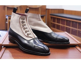 Handmade Men's Spectator Boots, Black Leather Cream Canvas, Button Dress Footwear