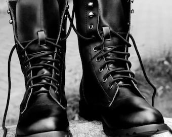 Handmade Black Leather Combat Boots, Military Style Lace-Up Ankle Footwear