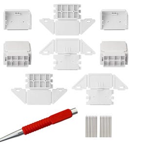 May include: An assortment of white electrical components, including junction boxes and mounting brackets, are arranged on a white background. A red and silver awl and a set of small metal pins are also present, suggesting a kit for electrical work.