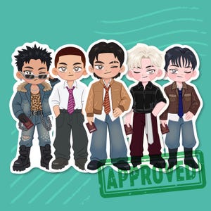 May include: A sticker sheet featuring five stylized cartoon figures, each holding a passport. The figures are dressed in various outfits, including jackets, shirts, and ties. The word "APPROVED" is stamped in green at the bottom.