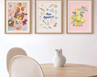 Kitchen Wall Art Set of 3 Prints - Bon Appetit, Lemon and Dining Scene