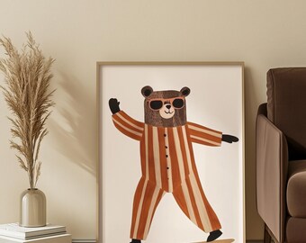 Skateboarding Bear Poster: Whimsical Pajama Animal Wall Art (Matte Print)